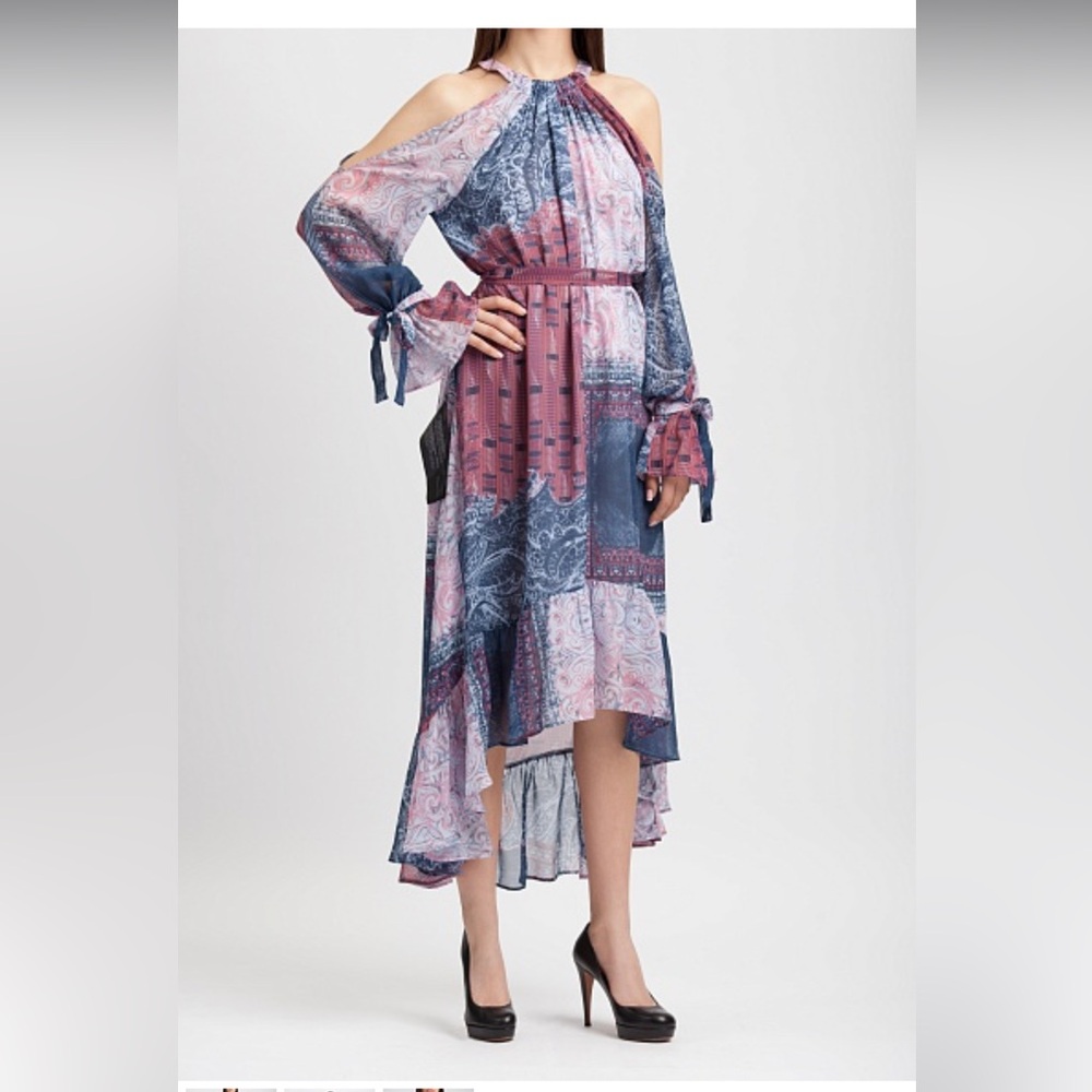 New BCBG MAXAZRIA Saige Cold Shoulder Halter Dress Silk Boho Hi Low Belt Sz M
